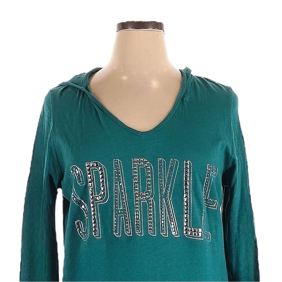 🌺 Lane Bryant Teal Studded Sparkle Graphic Hooded Long Sleeve Tee Size 14/16 - Picture 5 of 11